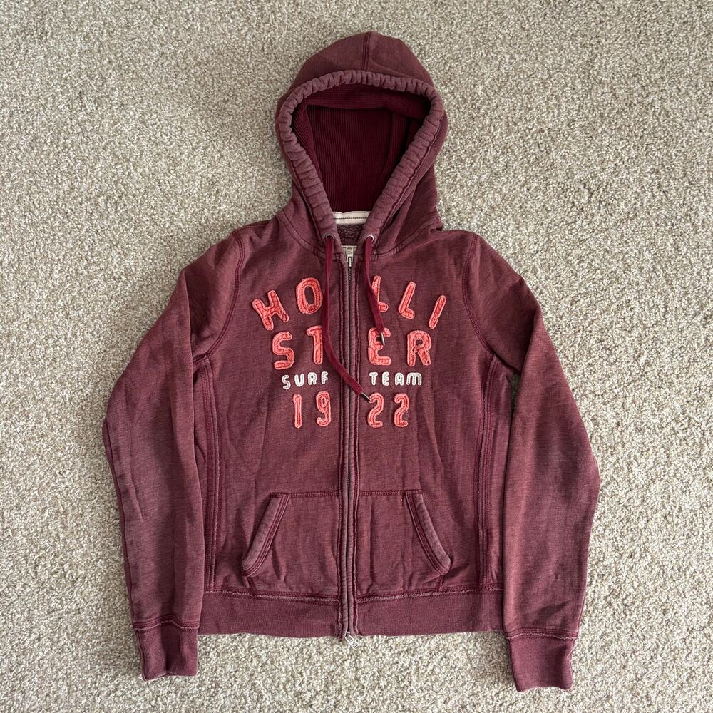 Y2K Vintage Hollister Surf Zip Up Burgundy Hoodie Faded Mallcore Size M